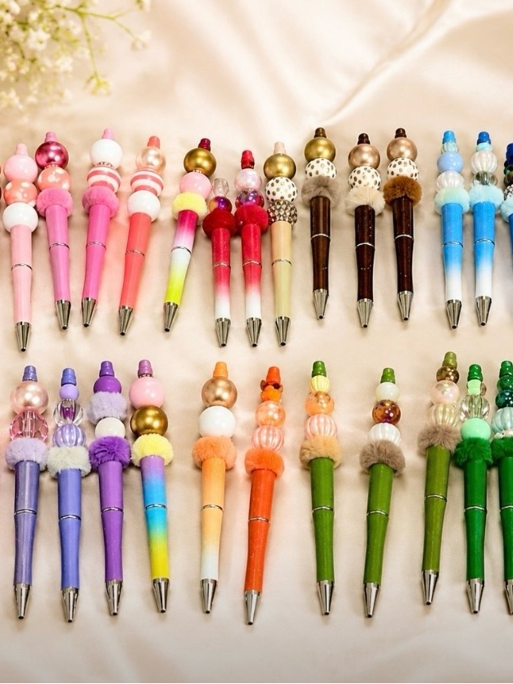 Decorative Bead-Topped Ballpoint Pen Set — Pink, Green, Purple, Blue & More
